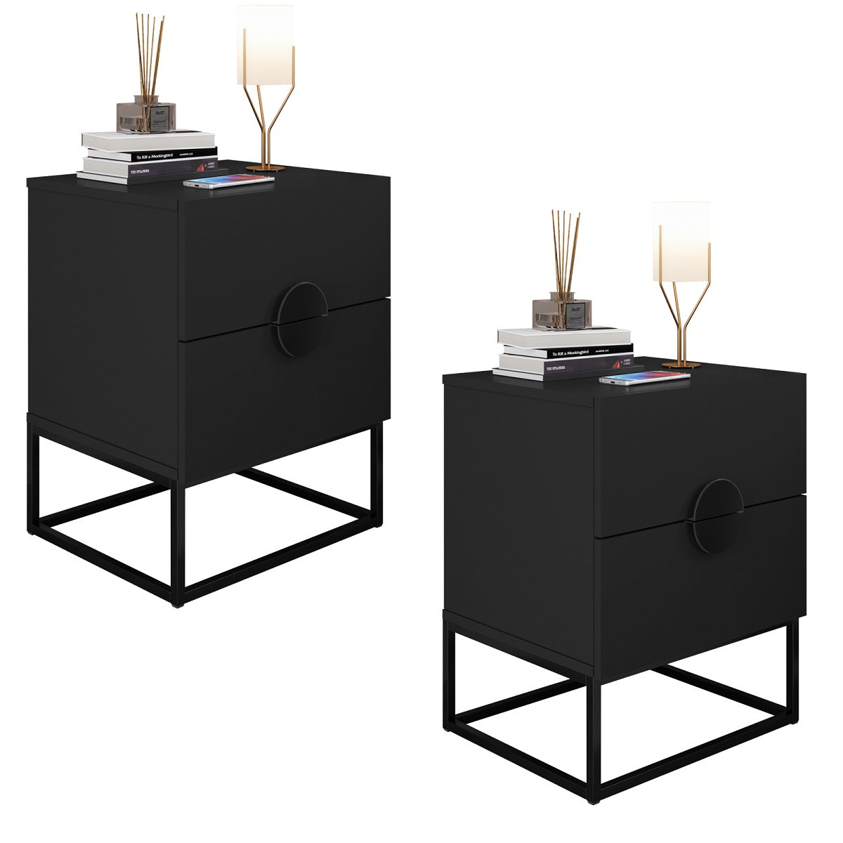 Kit 02 Mesas de Cabeceira Steel Luxo Base de Aço Puxador Lua 2 Gavetas Estilo Industrial - LH Móveis