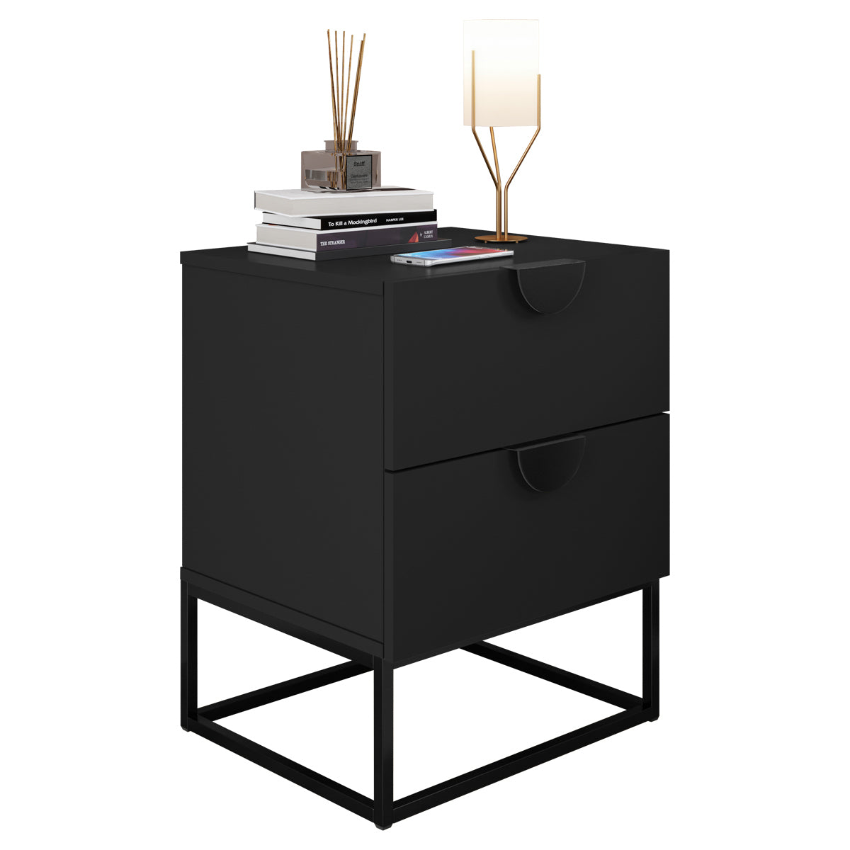 Mesa de Cabeceira Steel Luxo Base de Aço Estilo Industrial com 2 Gavetas - LH Móveis