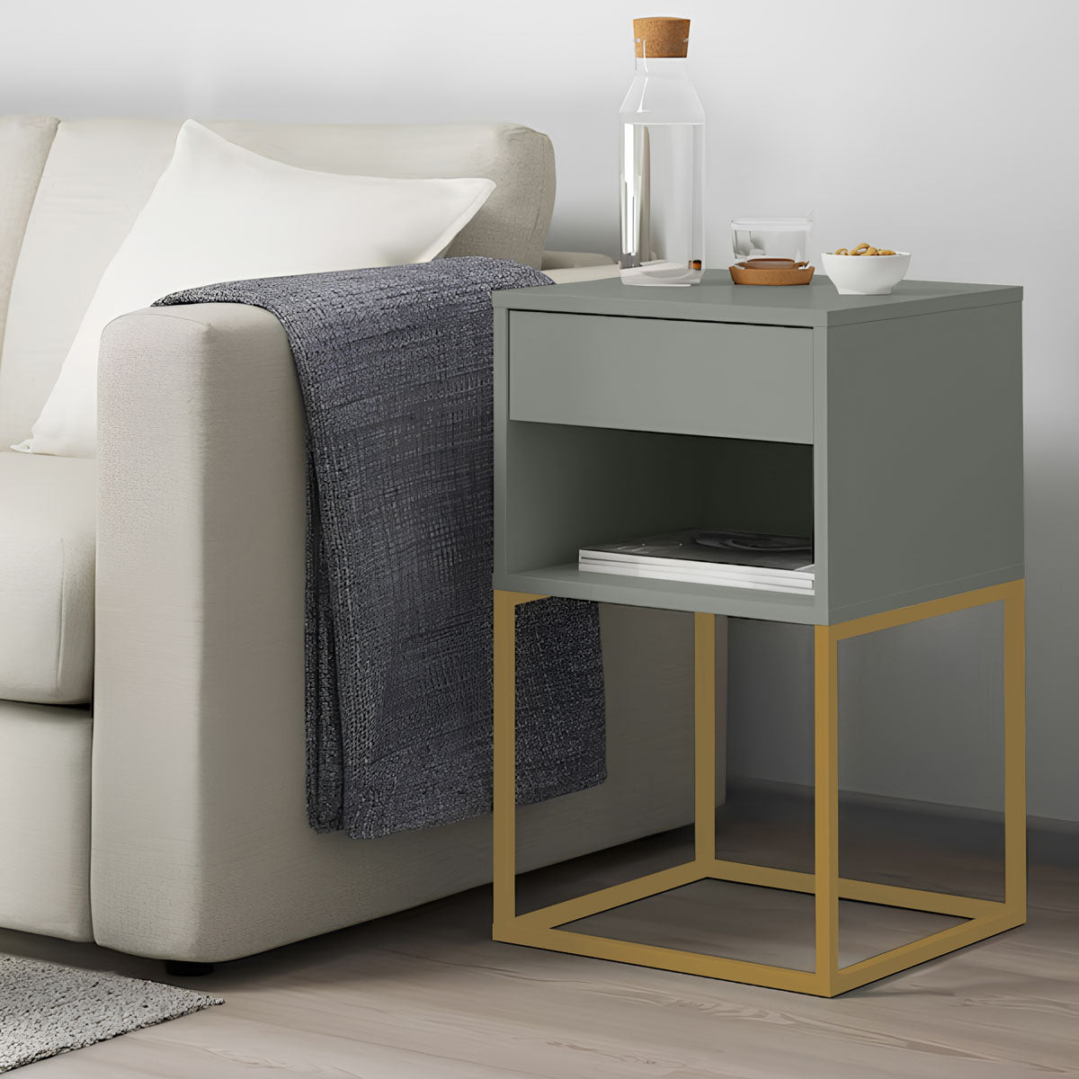 Mesa de Cabeceira Sofia com 1 Nicho Base de Aço 1 Gaveta Corrediça Telescópica - LH Móveis