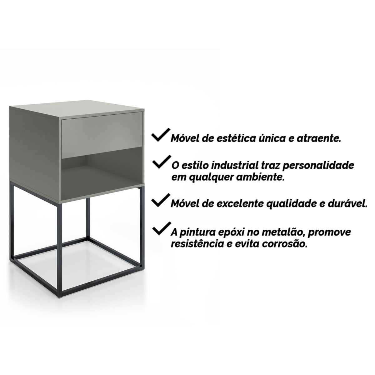 Conjunto 2 Mesas de Cabeceira Sofia Estilo Industrial 1 Gaveta Com Nicho Base de Aço - LH Móveis