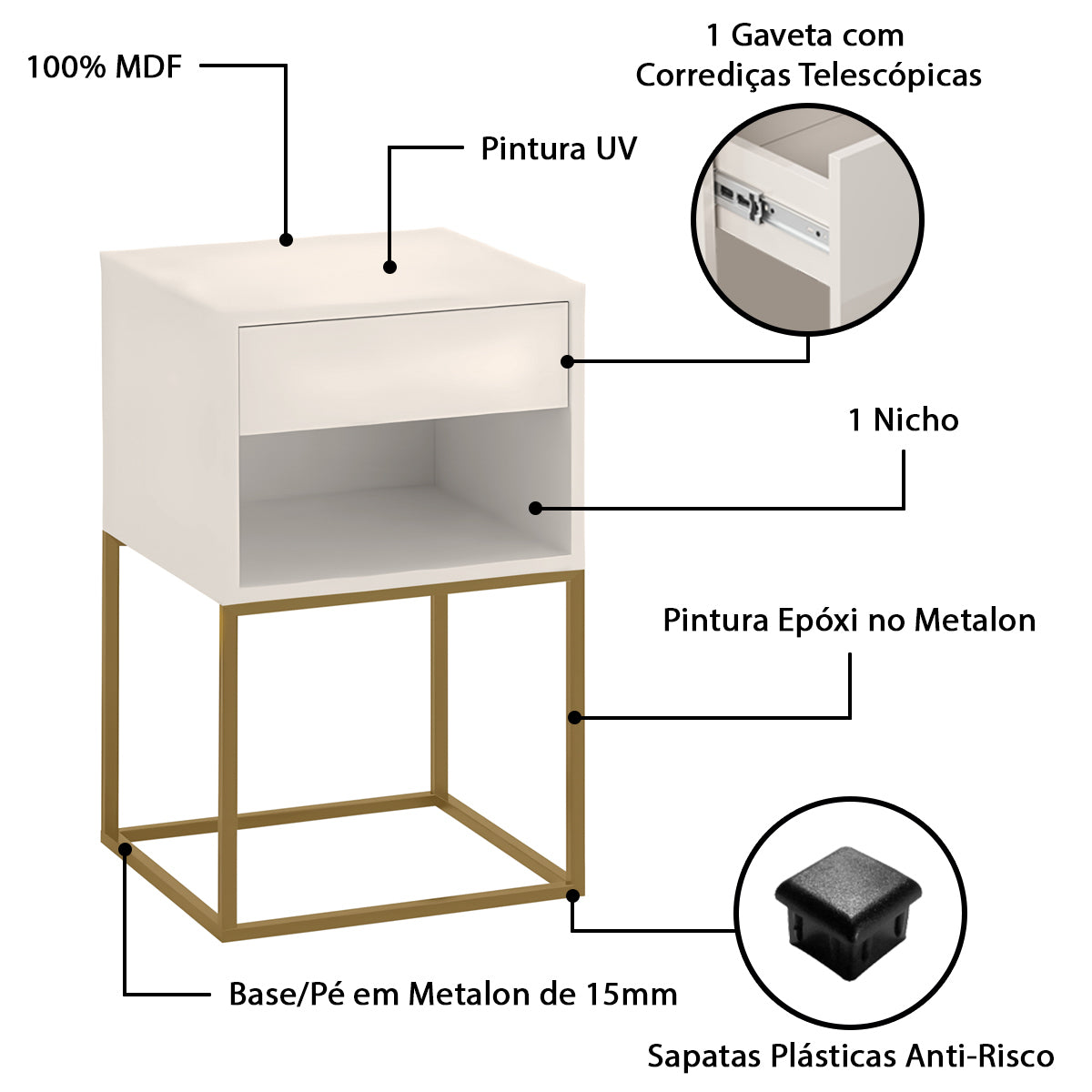 Conjunto 2 Mesas de Cabeceira Sofia Estilo Industrial 1 Gaveta Com Nicho Base de Aço - LH Móveis