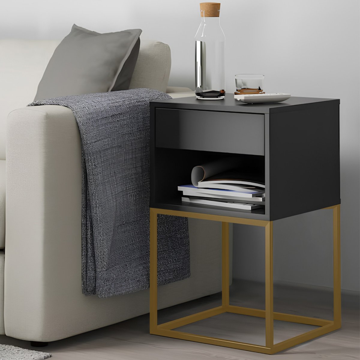 Mesa de Cabeceira Sofia com 1 Nicho Base de Aço 1 Gaveta Corrediça Telescópica - LH Móveis