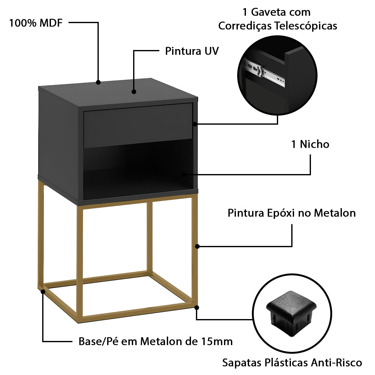 Mesa de Cabeceira Sofia com 1 Nicho Base de Aço 1 Gaveta Corrediça Telescópica - LH Móveis