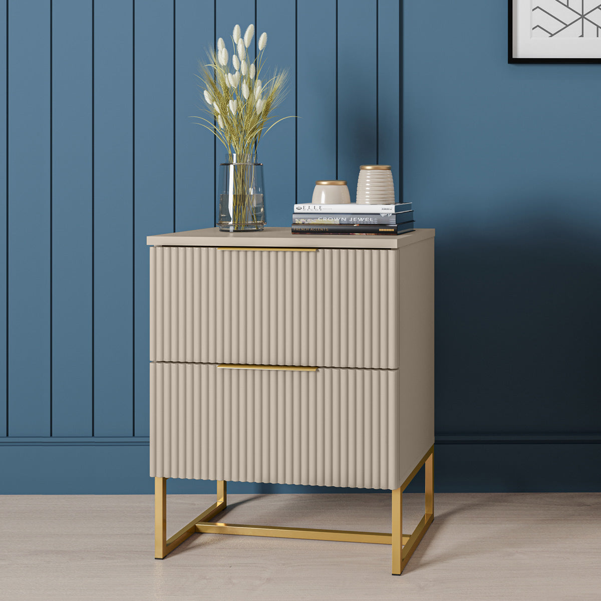 Mesa de Cabeceira Lumia Detalhe Ripado 100% MDF Com 2 Gavetas Puxador Slim Base de Aço - LH Móveis