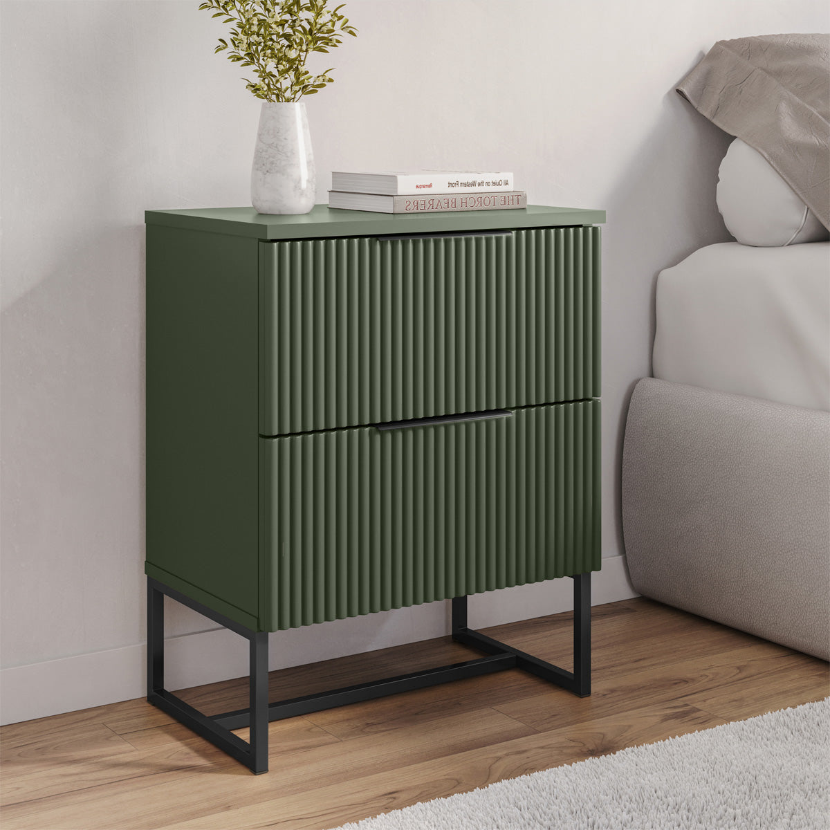 Mesa de Cabeceira Lumia Detalhe Ripado 100% MDF Com 2 Gavetas Puxador Slim Base de Aço - LH Móveis