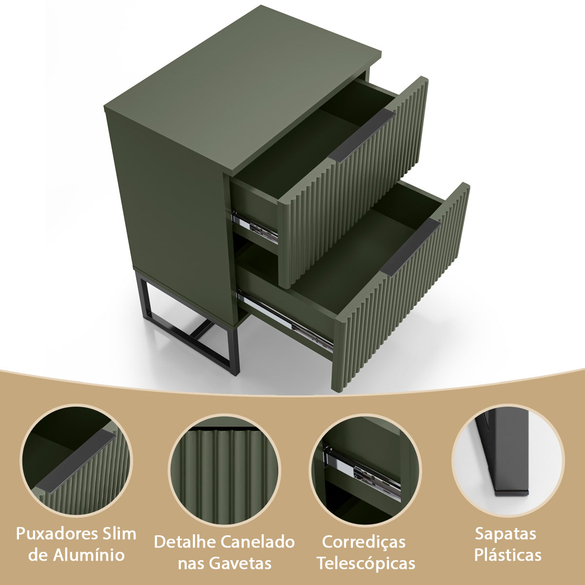 Conjunto 2 Mesas de Cabeceira Lumia Detalhe Ripado Abaulado 2 Gavetas Base de Aço Puxador Slim - LH Móveis