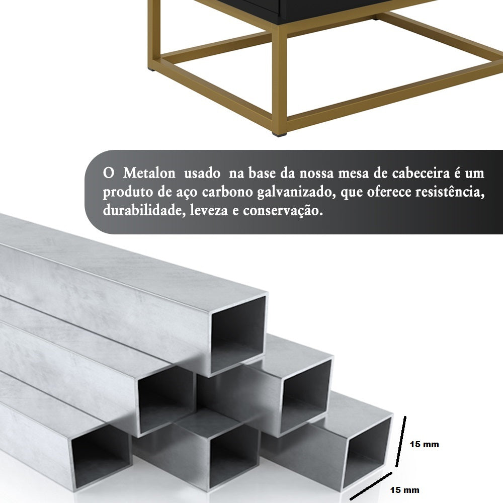 Conjunto 2 Mesas de Cabeceira Sofia Estilo Industrial 1 Gaveta Com Nicho Base de Aço - LH Móveis
