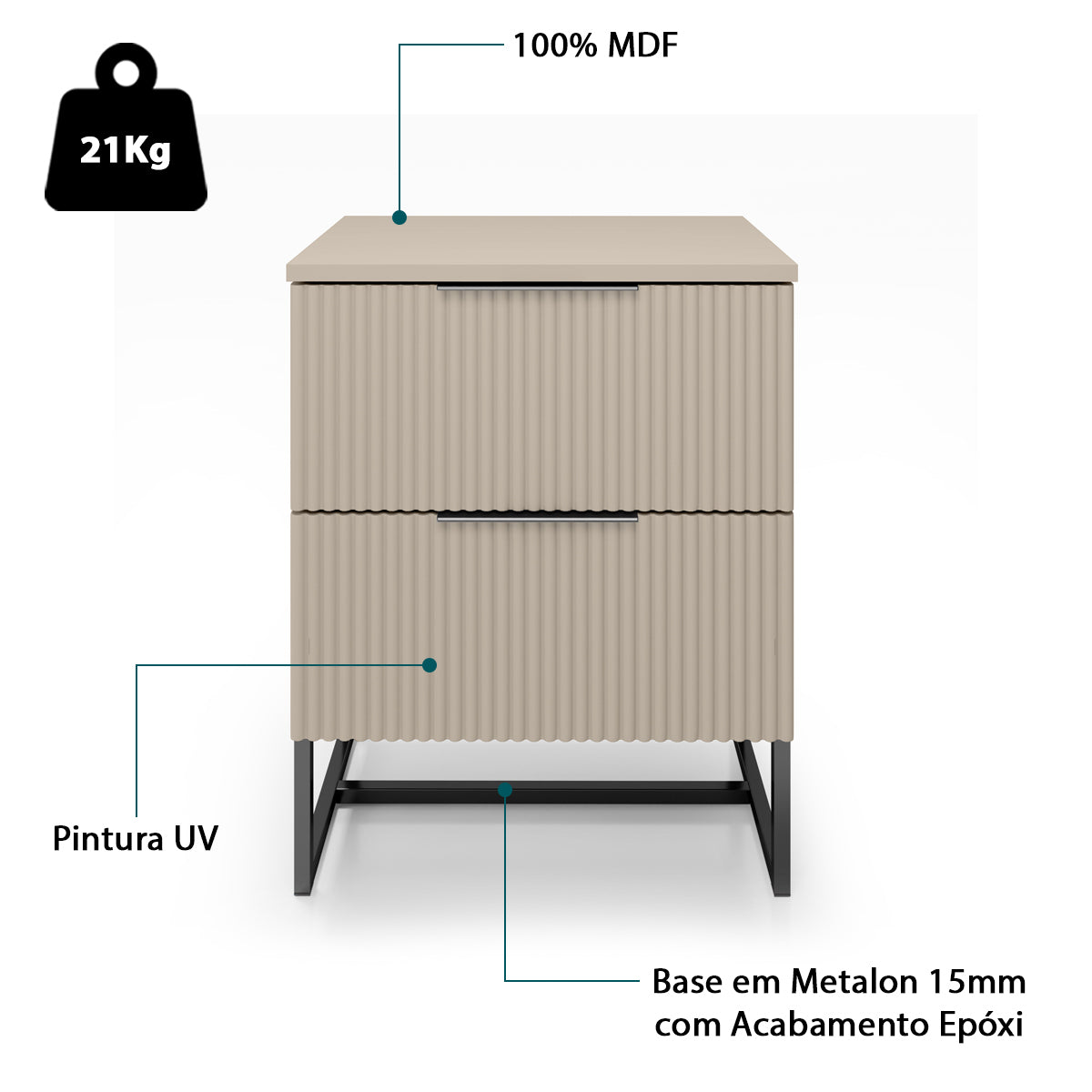 Conjunto 2 Mesas de Cabeceira Lumia Detalhe Ripado Abaulado 2 Gavetas Base de Aço Puxador Slim - LH Móveis