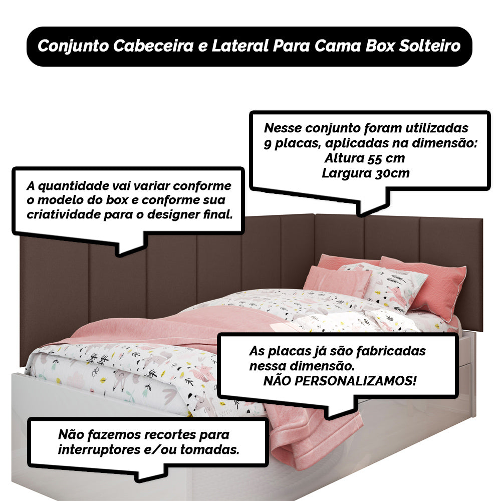 Conjunto 9 Módulos 55x30 Estofado Autocolantes Estrutura em Madeira Fácil Instalação - LH Móveis