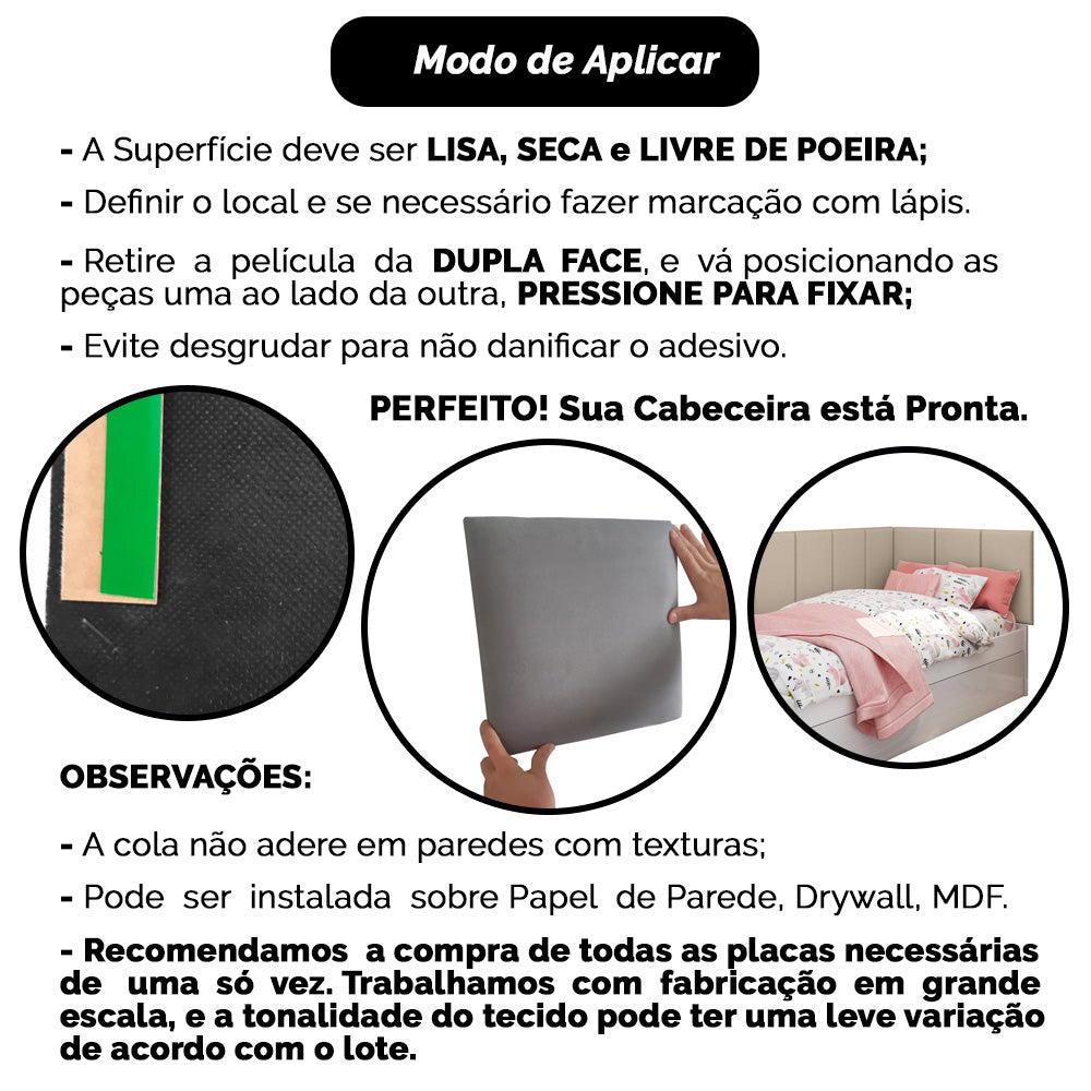 Conjunto 9 Módulos 55x30 Estofado Autocolantes Estrutura em Madeira Fácil Instalação - LH Móveis