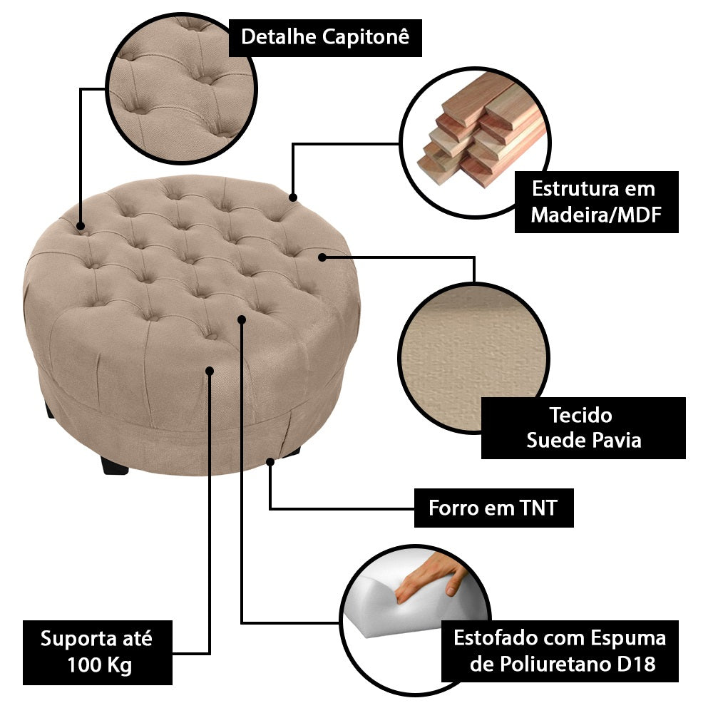 Puff Redondo Amsterdã Decorativo Estrutura em Madeira Detalhe Capitonê - LH Móveis