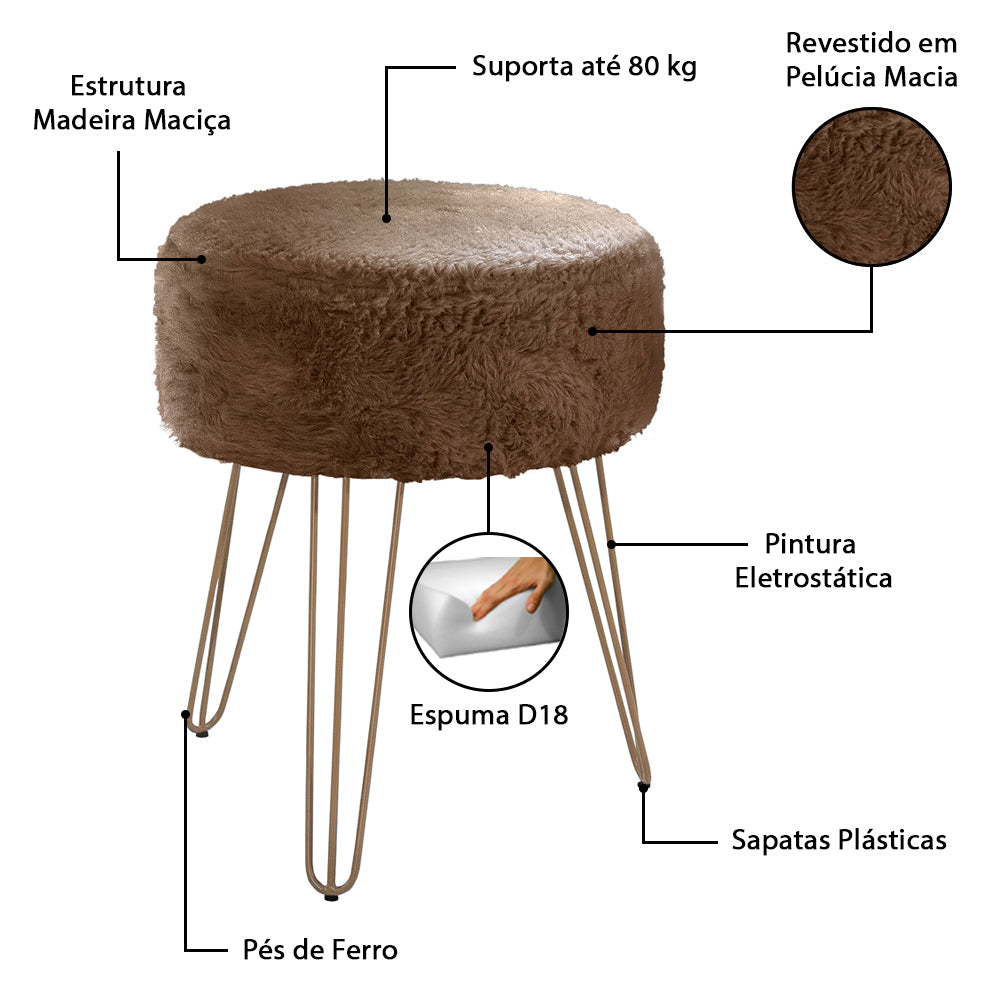 Puff Pelúcia Sofia Redondo Decorativo Pés de Ferro Estrutura em Madeira - LH Móveis