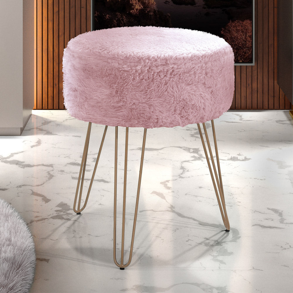 Puff Pelúcia Sofia Redondo Decorativo Pés de Ferro Estrutura em Madeira - LH Móveis