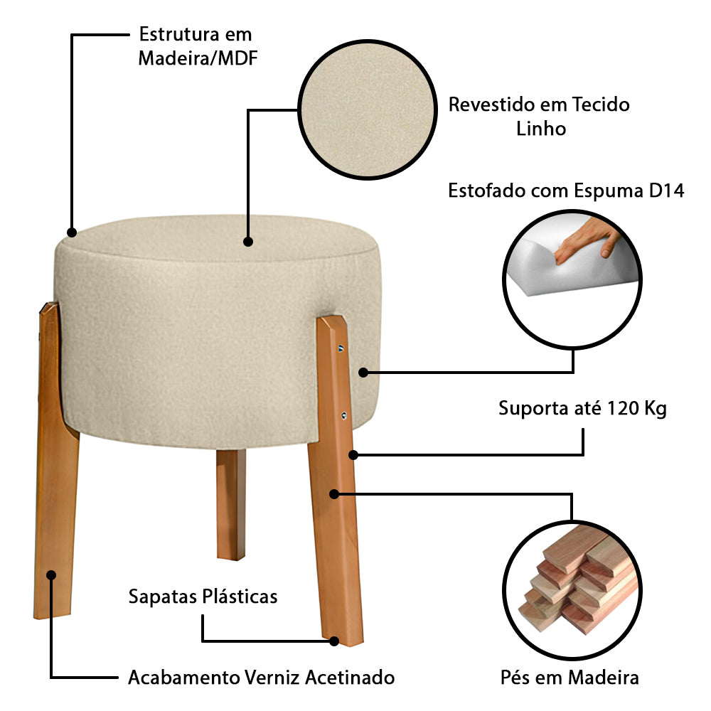 Puff Decorativo Estofado Thor Redondo Pés de Madeira - LH Móveis
