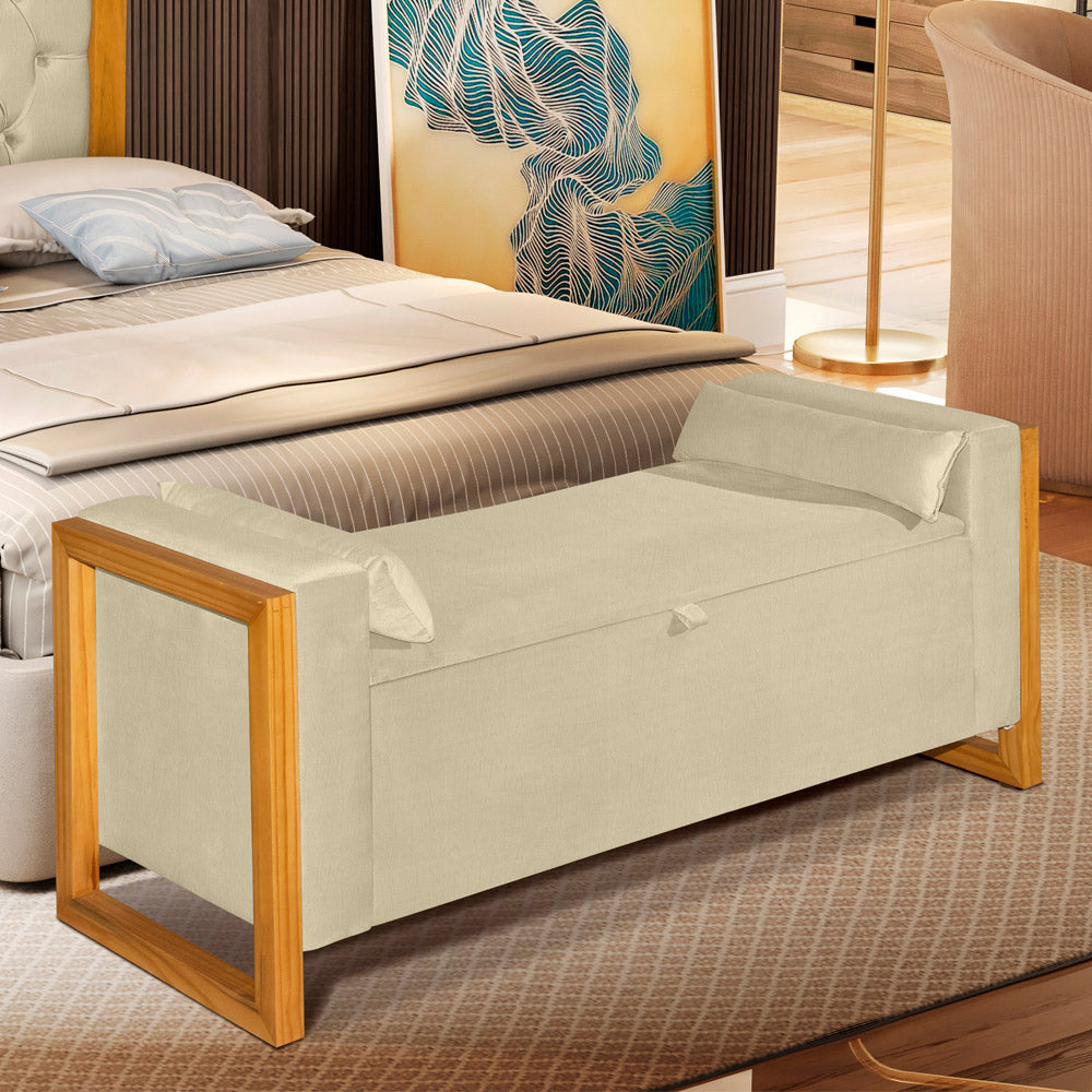 Recamier Baú Banco Imperial Para Cama Casal 130cm Detalhe em Madeira Capitonê com Pés - LH Móveis