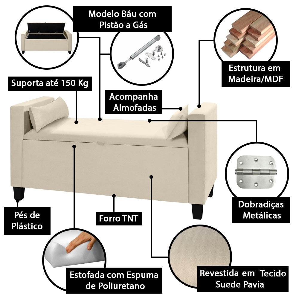 Recamier Baú Estofado Calçadeira Barcelona Banco Para Cama Box Queen - LH Móveis