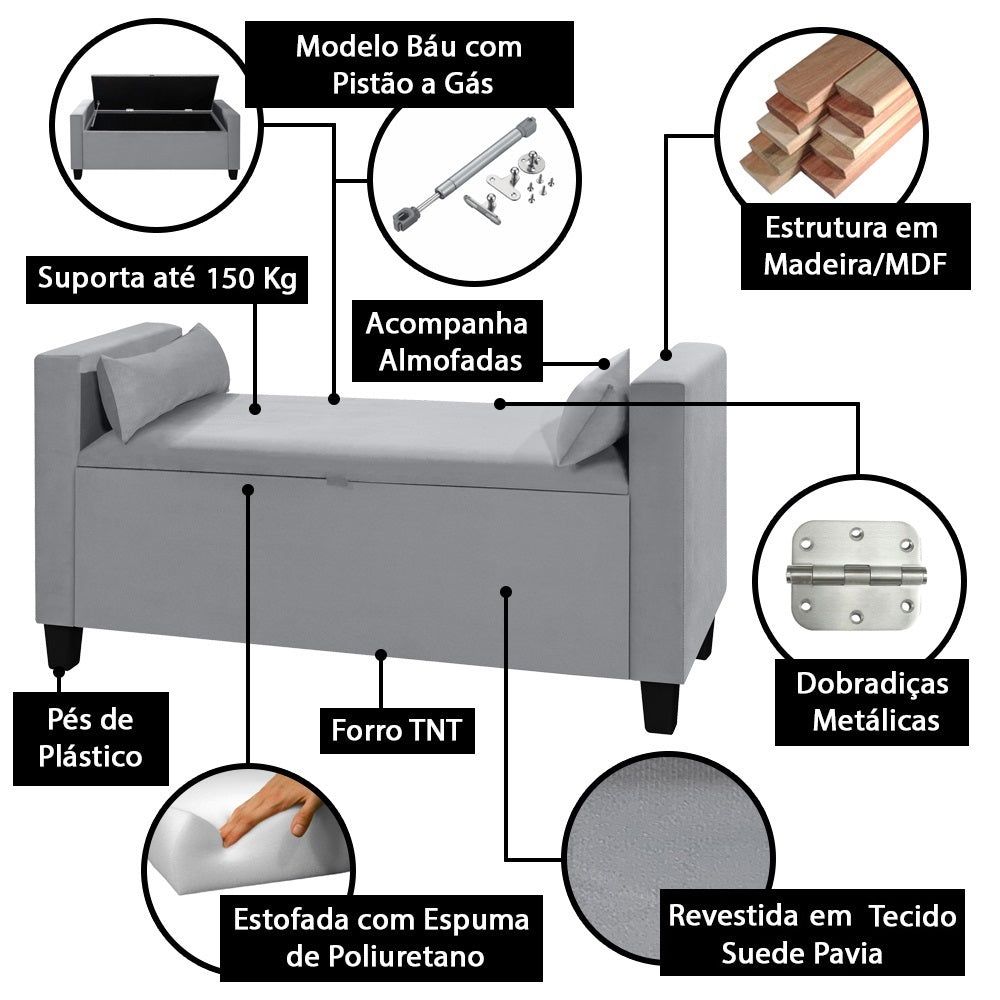 Recamier Baú Banco Estofado Calçadeira Barcelona Para Cama Box Casal - LH Móveis