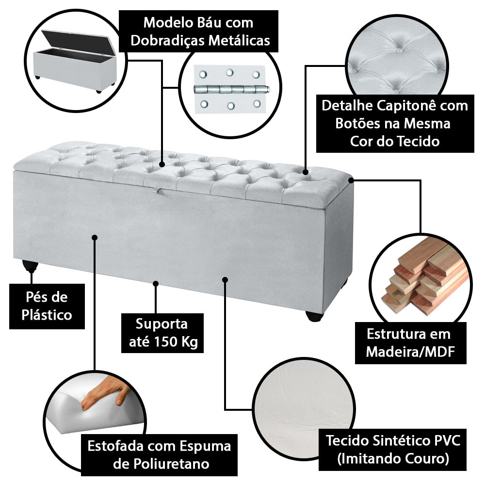 Conjunto Estofado Capitonê Para Cama Solteiro 90cm Cabeceira Com Recamier Baú Intense Várias Cores - LH Móveis