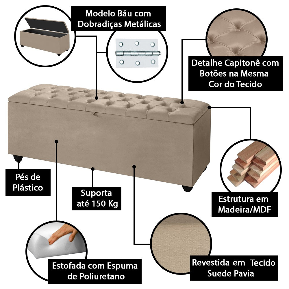 Conjunto Estofado Intense Para Cama Casal 140cm Cabeceira Com Recamier Baú Detalhe Capitonê - LH Móveis