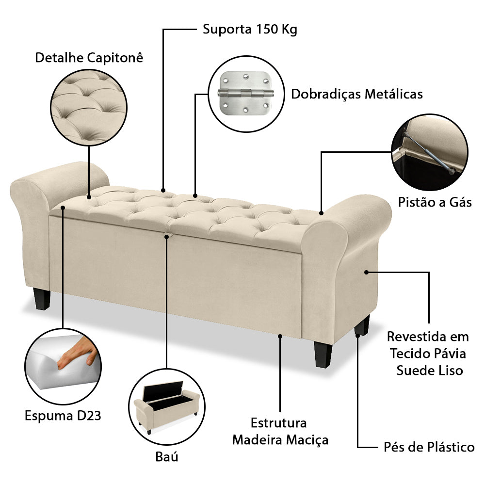 Conjunto Cabeceira com Recamier Baú Dubai Para Cama Box Casal 140 cm com Pés Detalhe Capitonê - LH Móveis
