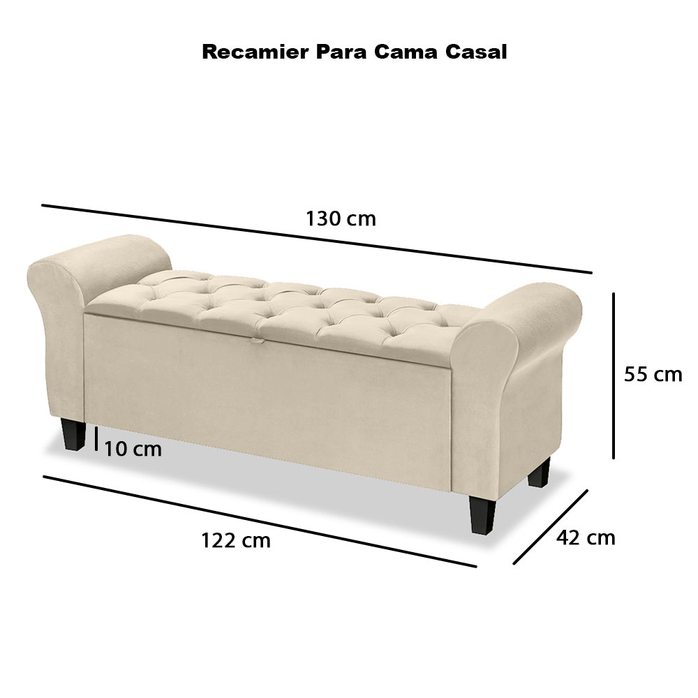 Conjunto Cabeceira com Recamier Baú Dubai Para Cama Box Casal 140 cm com Pés Detalhe Capitonê - LH Móveis