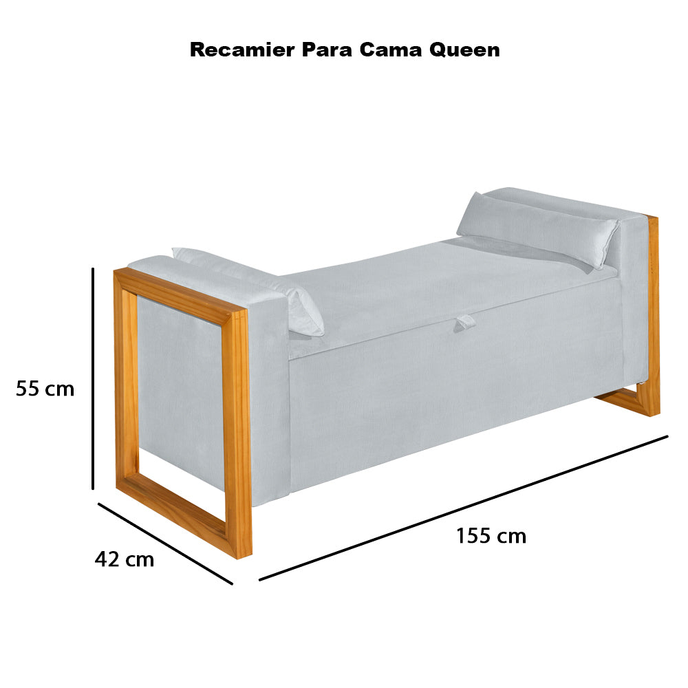 Conjunto Imperial Para Cama Box Queen 160 cm Cabeceira com Recamier Baú Estrutura em Madeira com Pés Detalhe Capitonê Europeu - LH Móveis