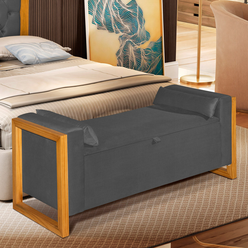 Recamier Baú Banco Imperial Para Cama Casal 130cm Detalhe em Madeira Capitonê com Pés - LH Móveis