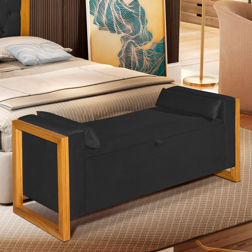 Recamier Baú Banco Imperial Para Cama Casal 130cm Detalhe em Madeira Capitonê com Pés - LH Móveis