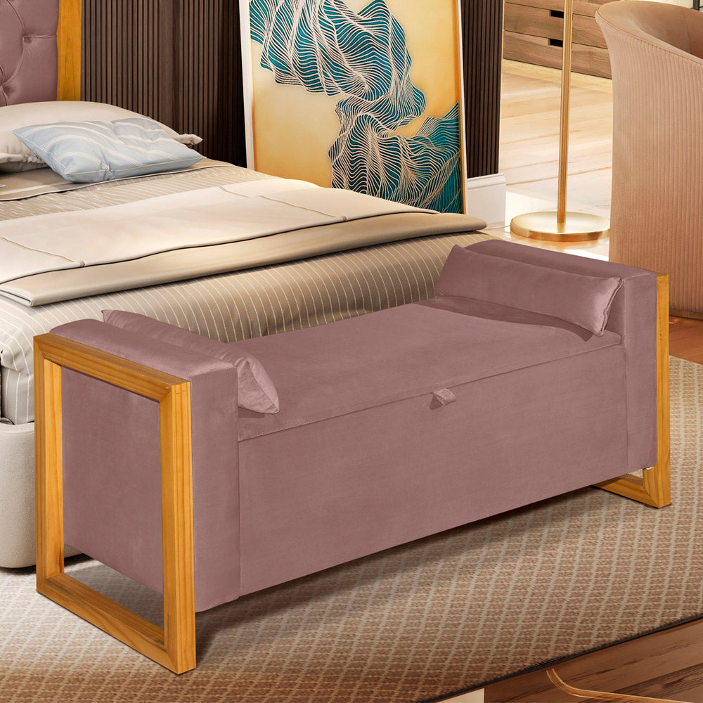 Recamier Baú Banco Imperial Para Cama Casal 130cm Detalhe em Madeira Capitonê com Pés - LH Móveis