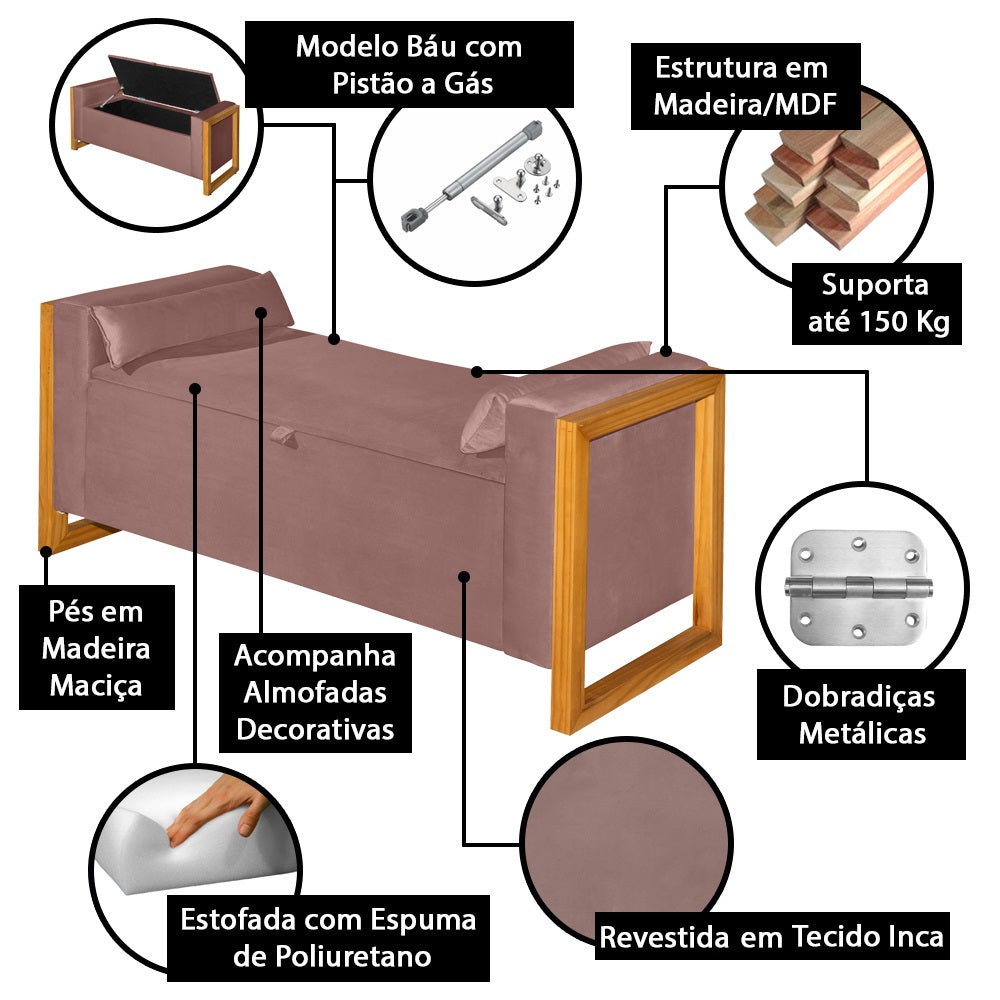 Recamier Baú Banco Imperial Para Cama Casal 130cm Detalhe em Madeira Capitonê com Pés - LH Móveis