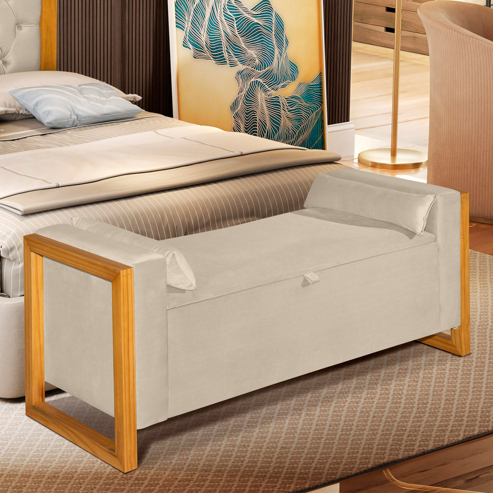 Recamier Baú Banco Imperial Para Cama Casal 130cm Detalhe em Madeira Capitonê com Pés - LH Móveis