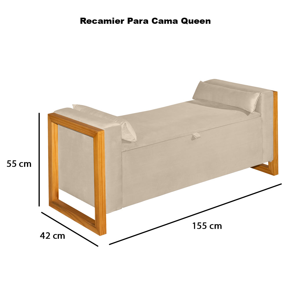 Recamier Baú Banco Imperial Para Cama Queen 150 cm Detalhe de Madeira Capitonê com Pés - LH Móveis