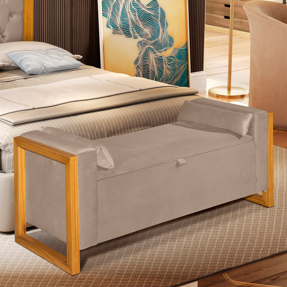 Recamier Baú Banco Imperial Para Cama Casal 130cm Detalhe em Madeira Capitonê com Pés - LH Móveis