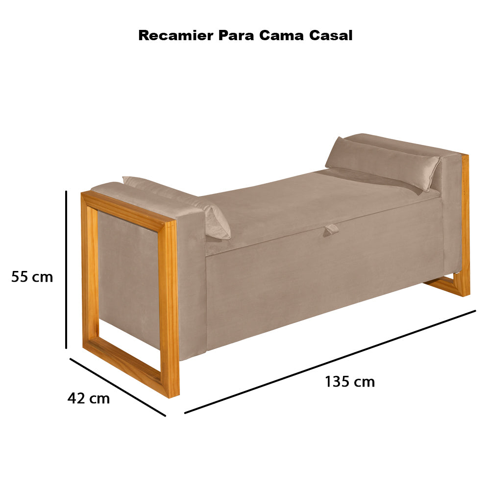 Recamier Baú Banco Imperial Para Cama Casal 130cm Detalhe em Madeira Capitonê com Pés - LH Móveis