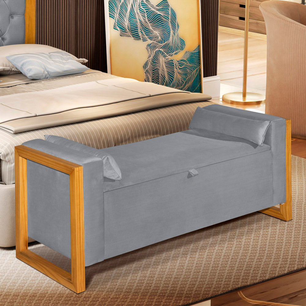 Recamier Baú Banco Imperial Para Cama Casal 130cm Detalhe em Madeira Capitonê com Pés - LH Móveis