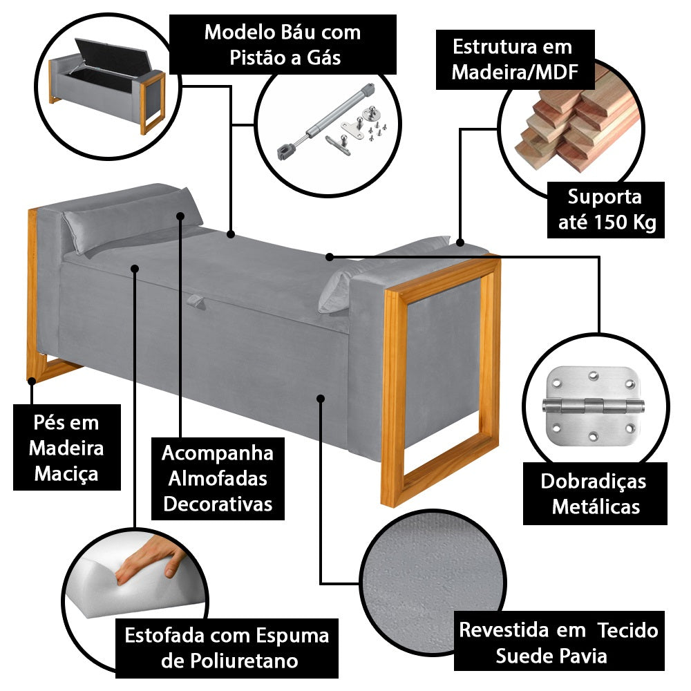 Recamier Baú Para Cama King 180cm Imperial Estofado com Pés de Madeira - LH Móveis