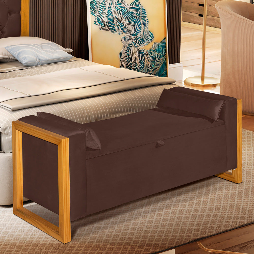 Recamier Baú Banco Imperial Para Cama Casal 130cm Detalhe em Madeira Capitonê com Pés - LH Móveis