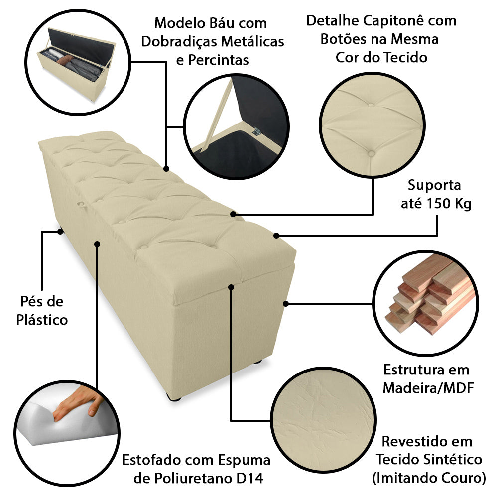 Baú Recamier Detalhe Capitonê 185cm Para Cama King Intense Estrutura em Madeira Estofado Várias Cores - LH Móveis