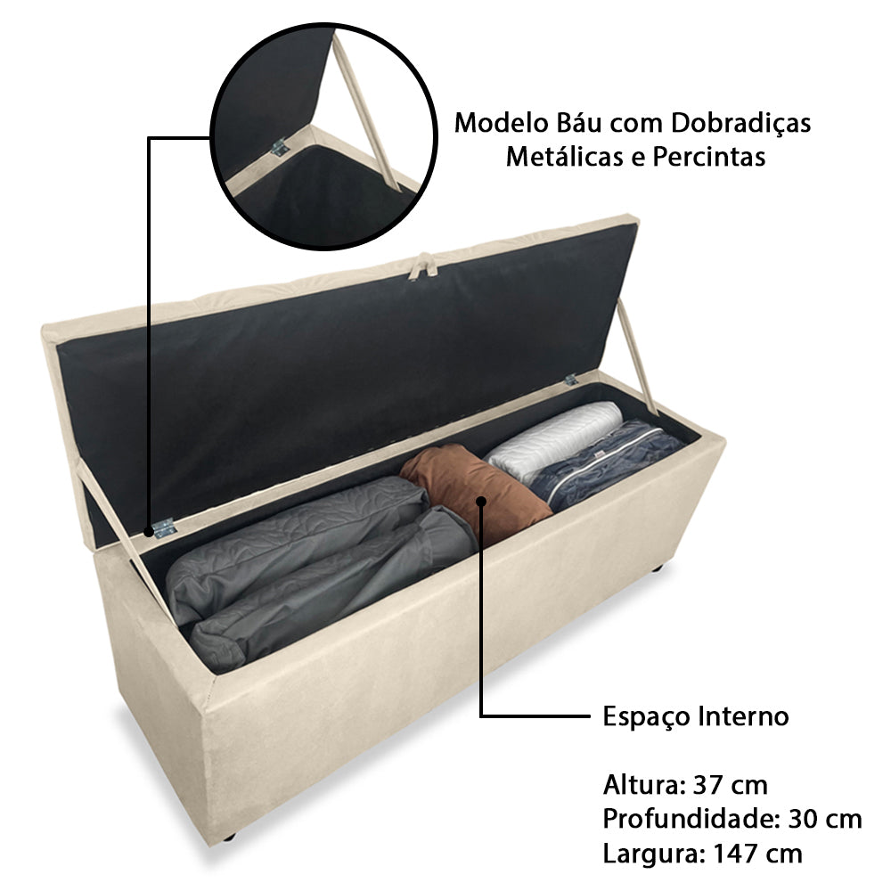 Baú Recamier 155cm Para Cama Queen Intense Detalhe Capitonê Estrutura em Madeira Várias Cores - LH Móveis