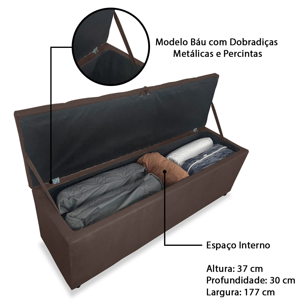 Baú Recamier Detalhe Capitonê 185cm Para Cama King Intense Estrutura em Madeira Estofado Várias Cores - LH Móveis