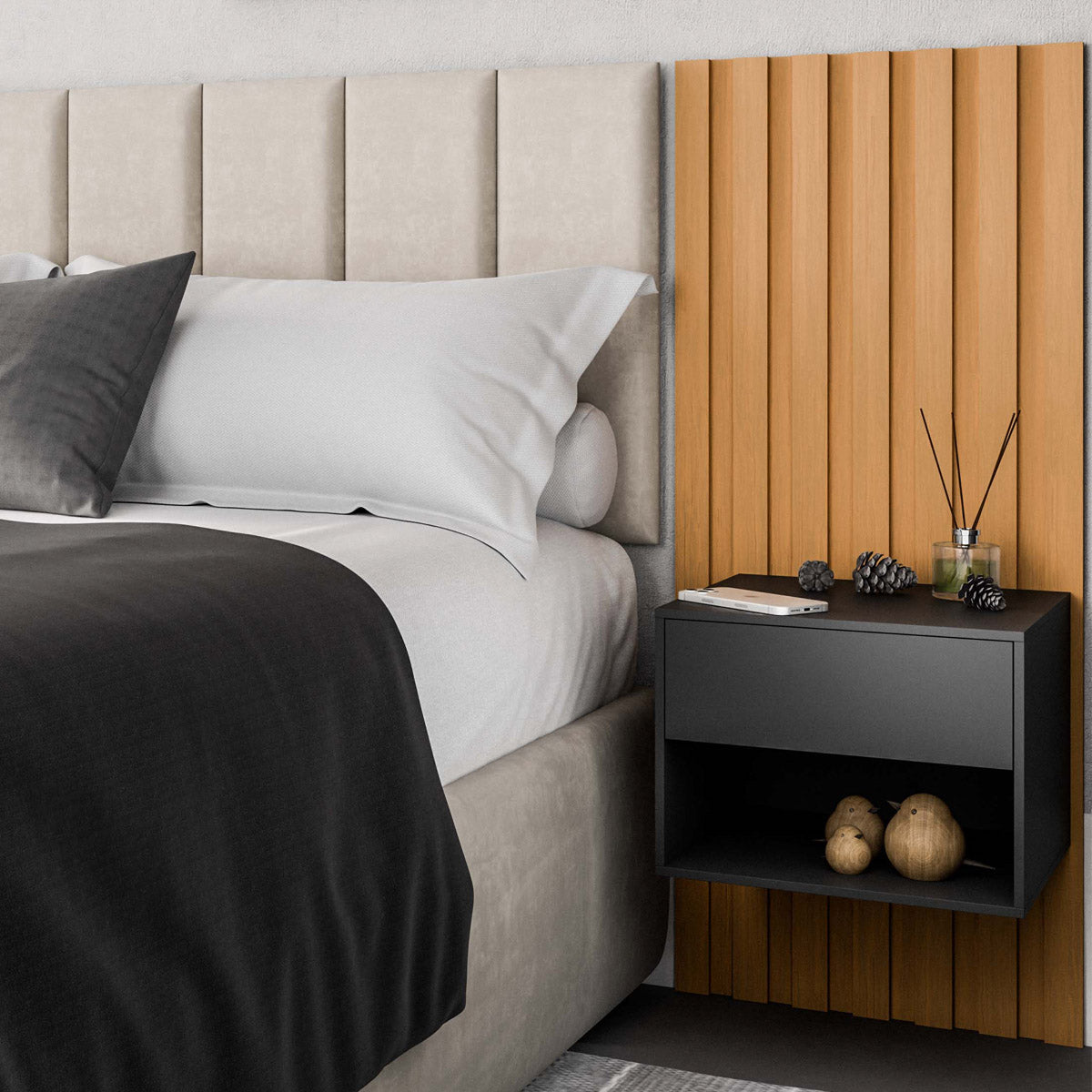 Kit 2 Módulos Ripados 115x52,5 Decorativo Autoadesivo Com Mesa De Cabeceira Suspensa - LH Móveis