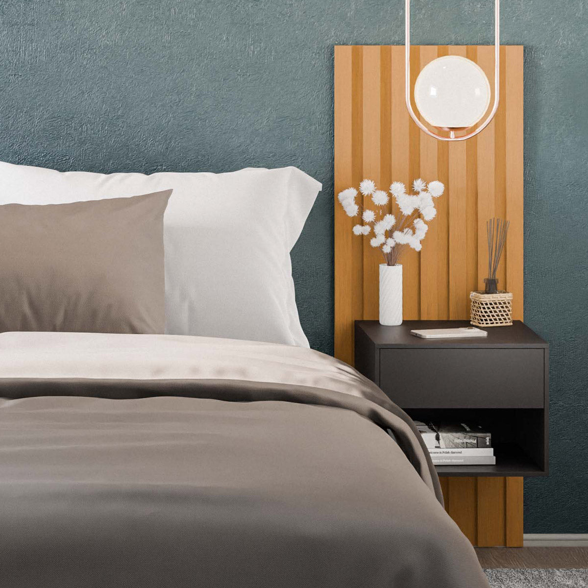 Kit 2 Módulos Ripados 115x52,5 Decorativo Autoadesivo Com Mesa De Cabeceira Suspensa - LH Móveis