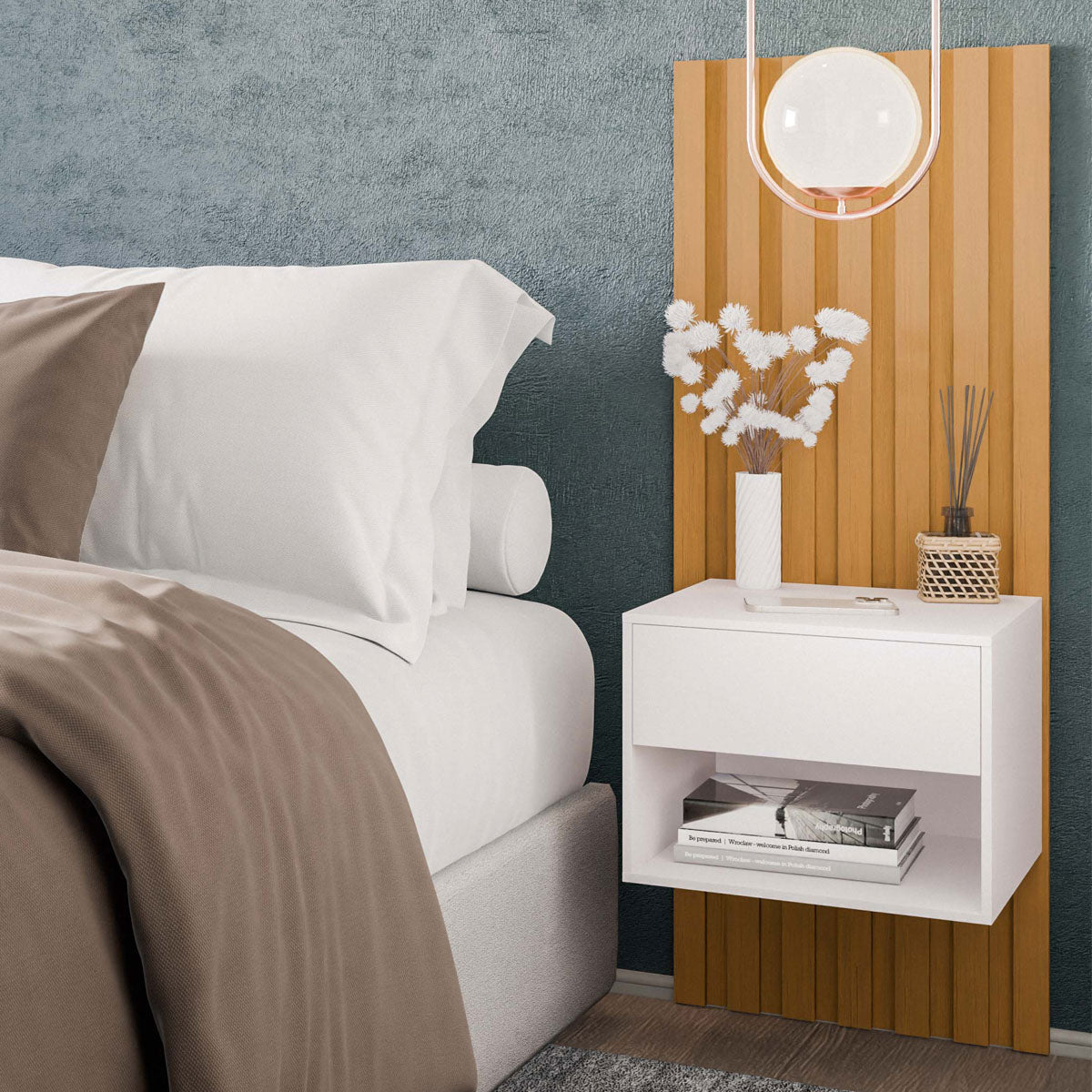 Kit 2 Módulos Ripados 115x52,5 Decorativo Autoadesivo Com Mesa De Cabeceira Suspensa - LH Móveis