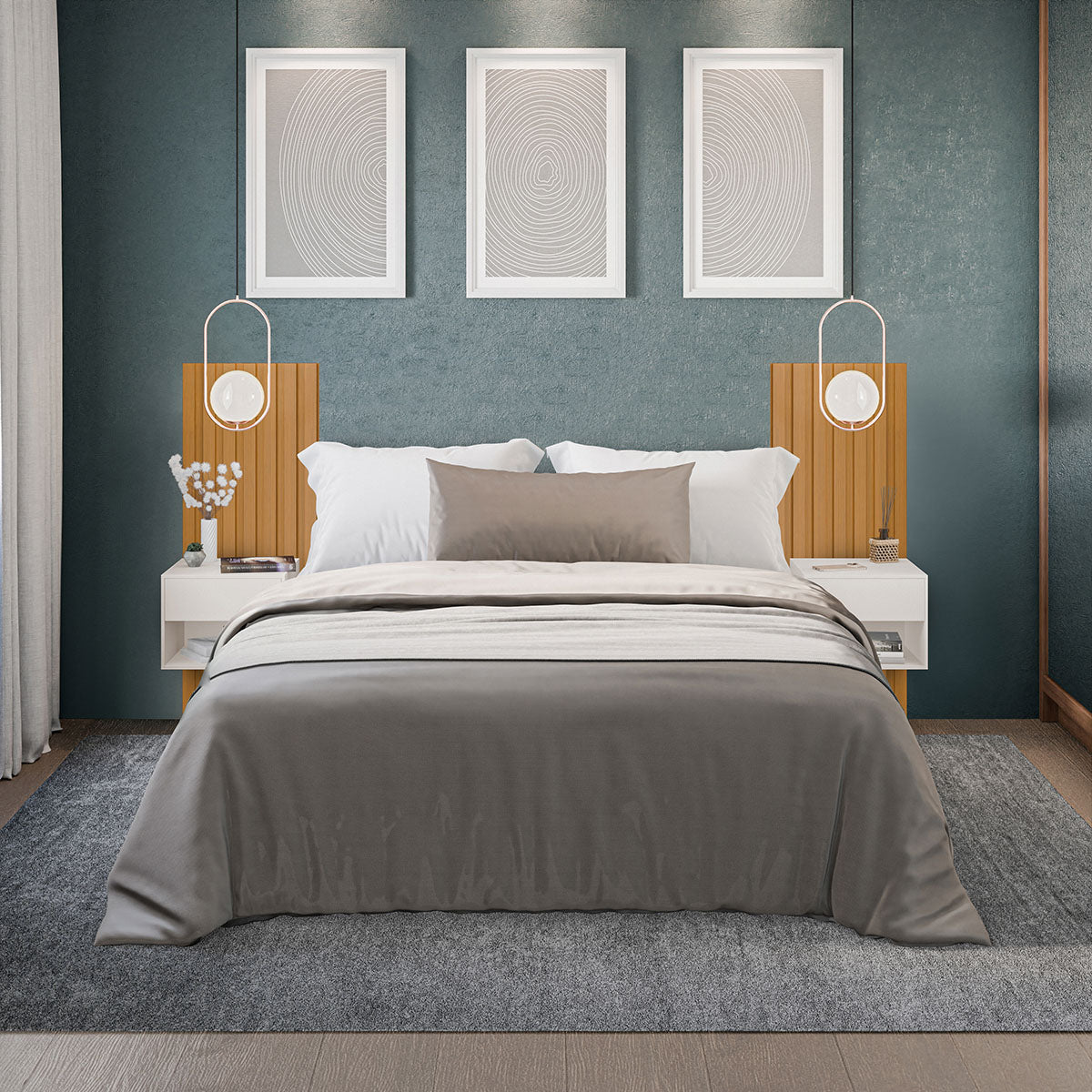 Kit 2 Módulos Ripados 115x52,5 Decorativo Autoadesivo Com Mesa De Cabeceira Suspensa - LH Móveis