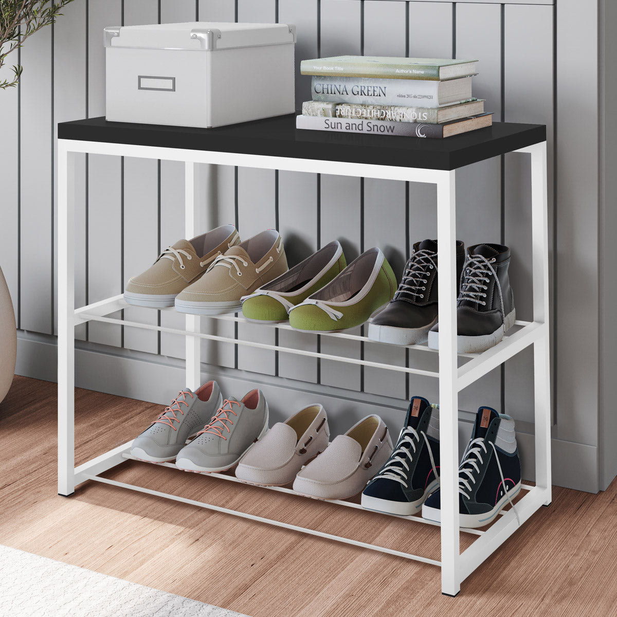 Sapateira Banco Vero Estilo Industrial Tampo em MDP Prateleira em Aço Várias Cores - LH Móveis