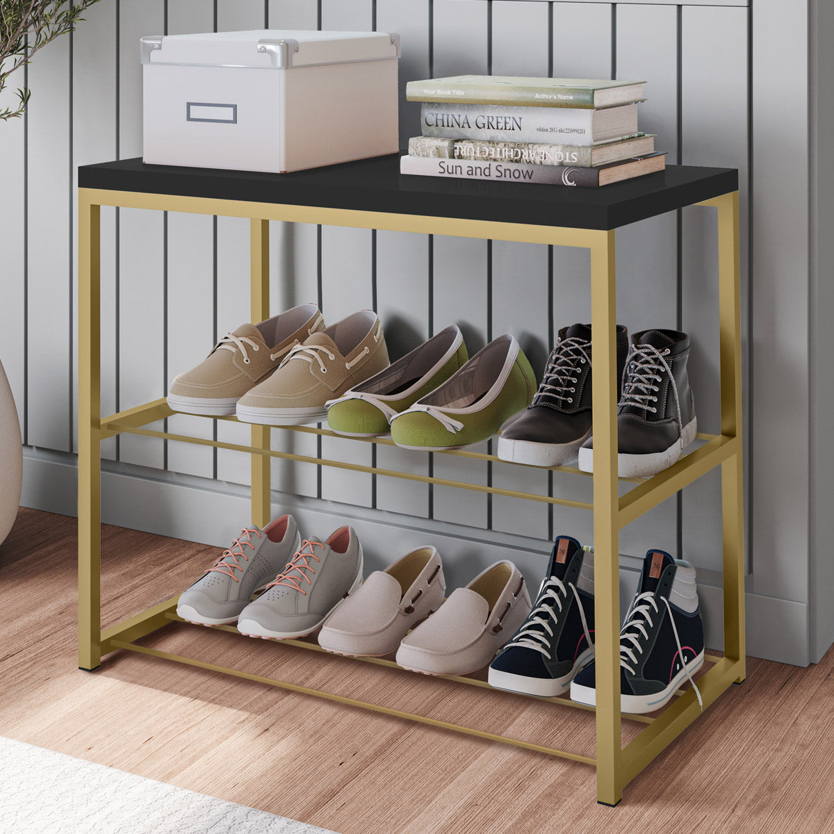 Sapateira Banco Vero Estilo Industrial Tampo em MDP Prateleira em Aço Várias Cores - LH Móveis