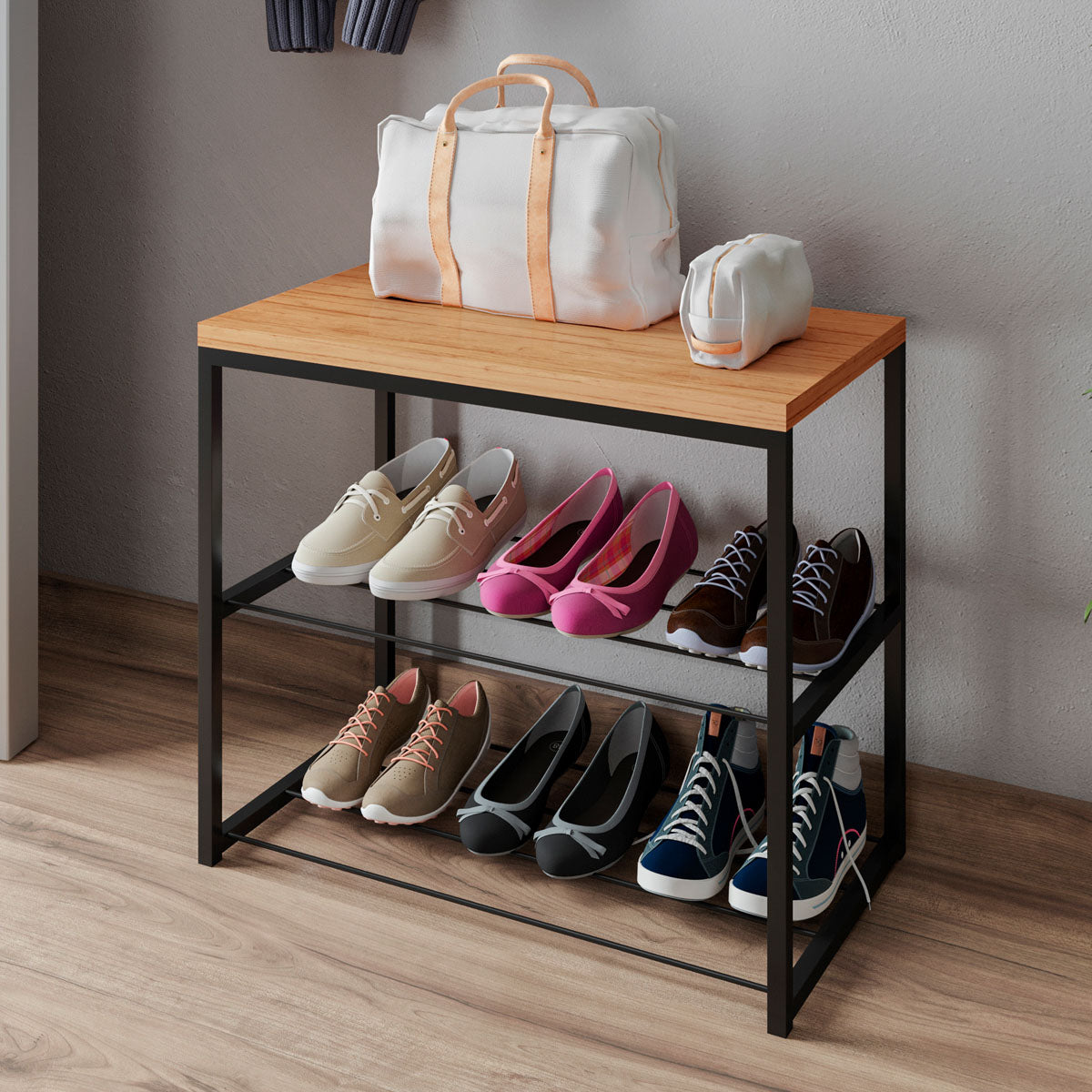 Sapateira Banco Vero Estilo Industrial Tampo em MDP Prateleira em Aço Várias Cores - LH Móveis