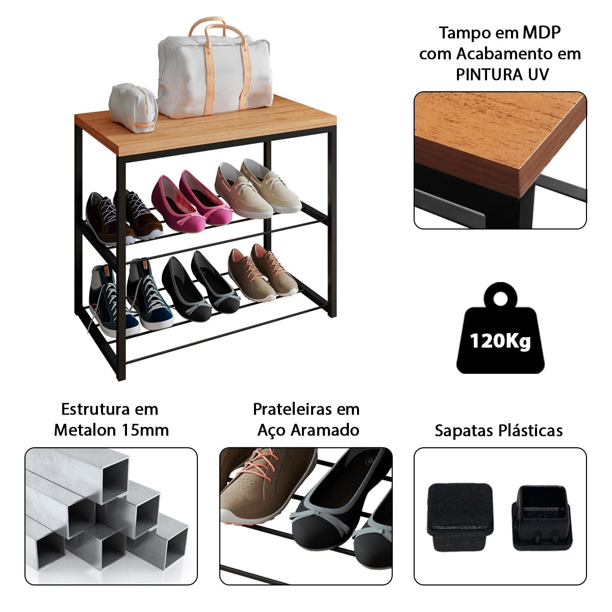 Sapateira Banco Vero Estilo Industrial Tampo em MDP Prateleira em Aço Várias Cores - LH Móveis