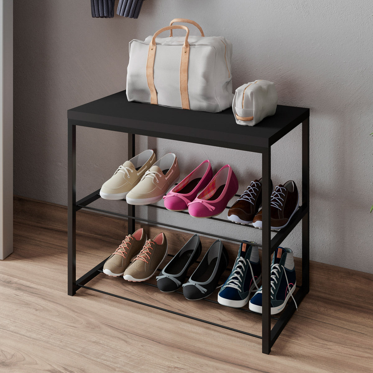 Sapateira Banco Vero Estilo Industrial Tampo em MDP Prateleira em Aço Várias Cores - LH Móveis