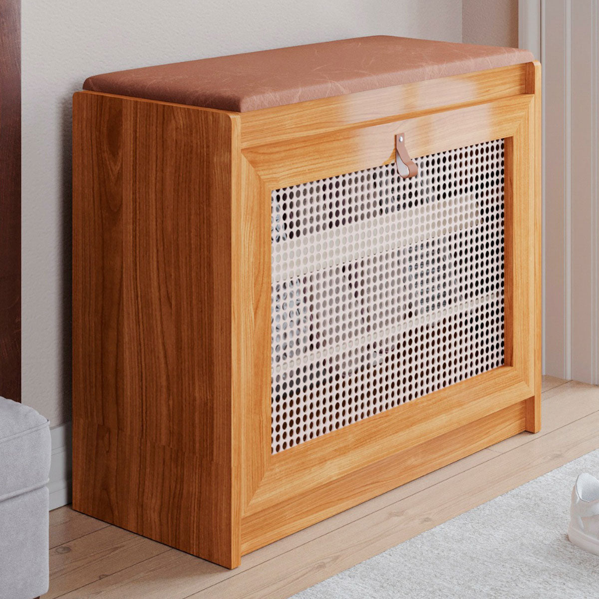 Sapateira Banco Estofado Plenitude em Madeira com Prateleira Detalhe na Porta em Ratan - LH Móveis